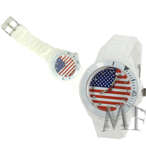 montre motif drapeau USA et bracelet silicone blanc