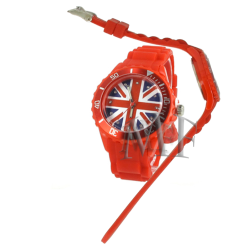 montre britania rouge bracelet silicone et drapeau anglais en motif sur le cadran