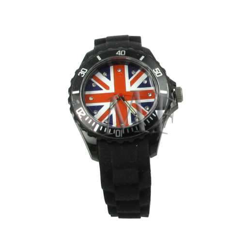 montre bracelet étanche silicone noir et motif anglais