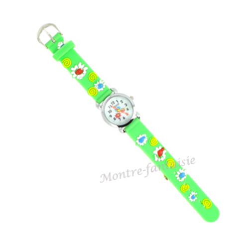montre bracelet enfant vert pomme avec motif printemps fleurs