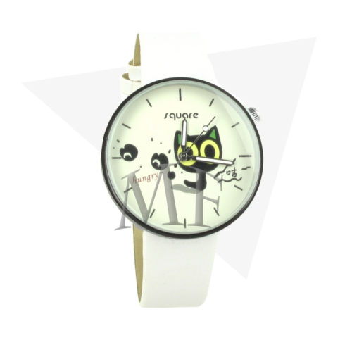 Montre fantaisie femme cadran motif design chat noir et bracelet blanc cuir