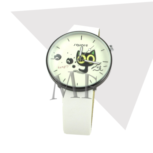 montre design fantaisie blanche et motif petit chat noir