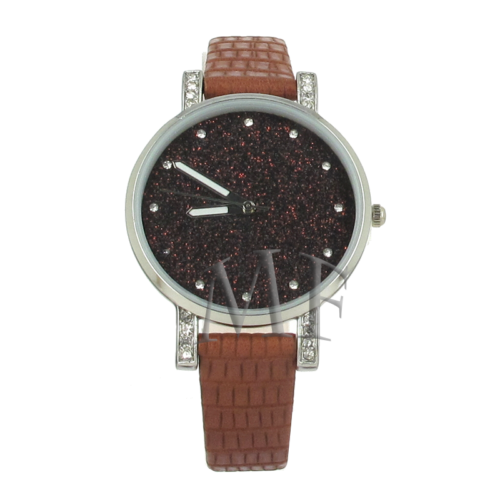 montre pour femme bracelet cuir et cadran rond paillet prune