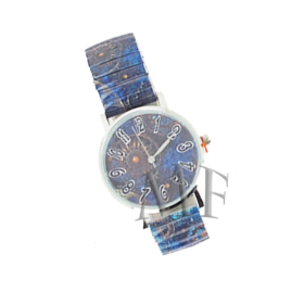 montre femme illustrée Belem, avec bracelet extensible métal, couleur bleu nuit