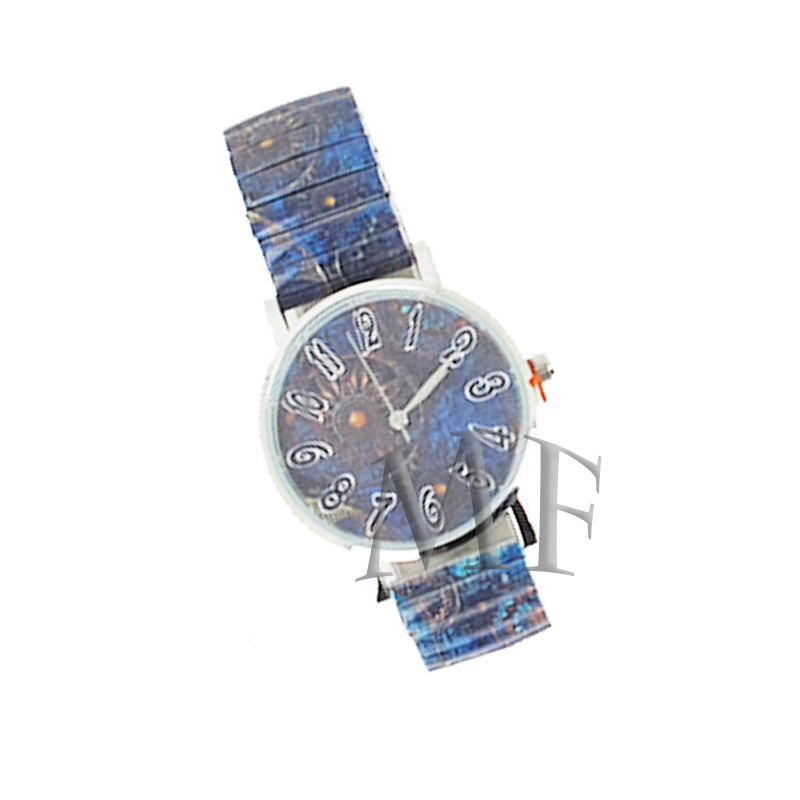 montre femme illustrée Belem, avec bracelet extensible métal, couleur bleu nuit