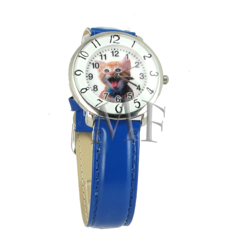 montre chaton femme bracelet cuir bleu