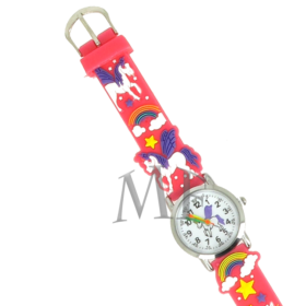 Montre motif Licorne, bracelet en silicone motif couleur rouge fraise. Lecture facile de l'heure.