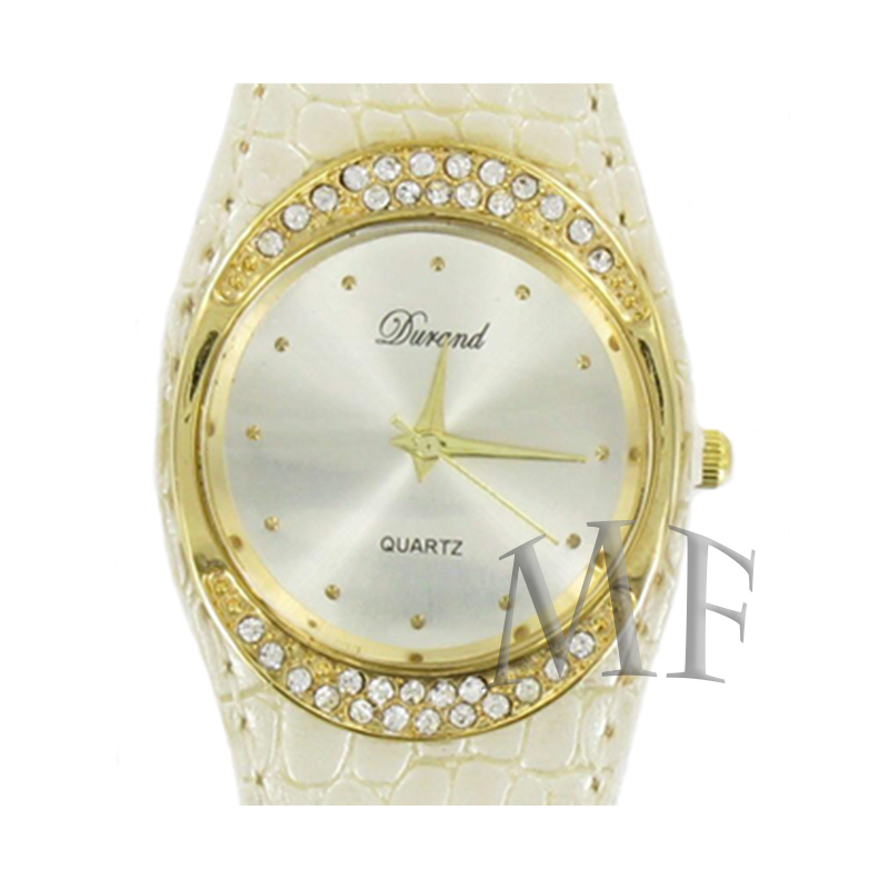 Creek montre femme avec cristaux brillants sur le cadran et bracelet blanc coton