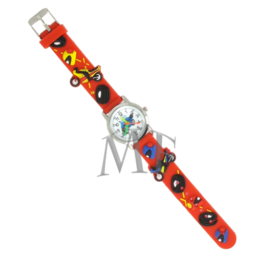 montre lecture facile de l'heure pour enfant. motif moto cross rouge et jaune