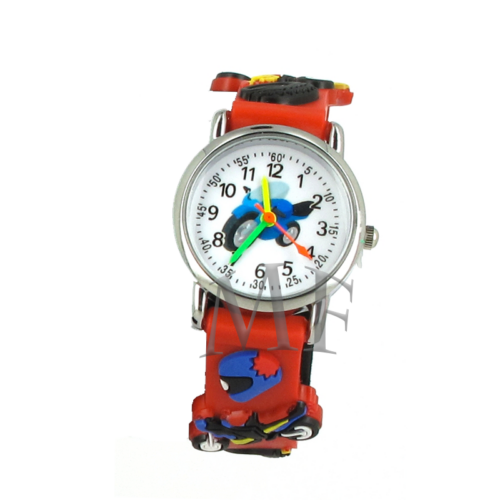 montre motif moto rouge et jaune. bracelet silicone enfant