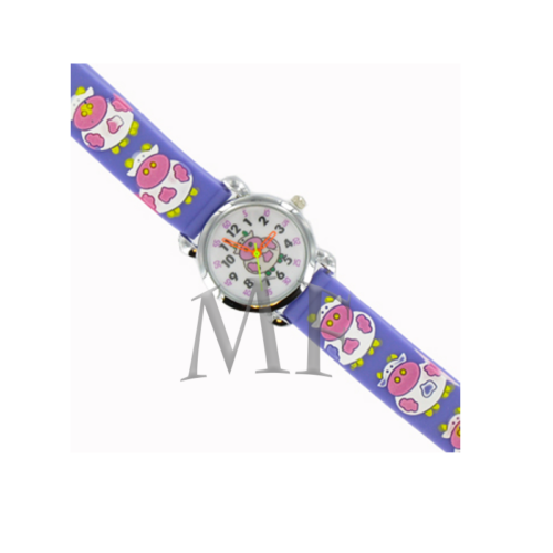 Montre fantaisie enfant couleur lilas avec motif petite cachette blanche. trop mignonne.