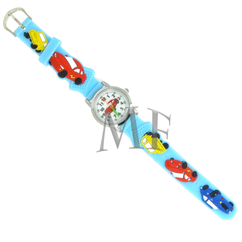 Montre pour enfant couleur bleu ciel avec motif petites voiture. idéal pour apprendre à lire l'heure